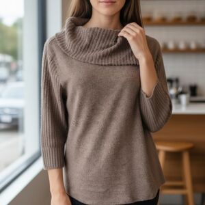 Cozy Brown Cowl Neck Sweater L Stretchy Lightweight